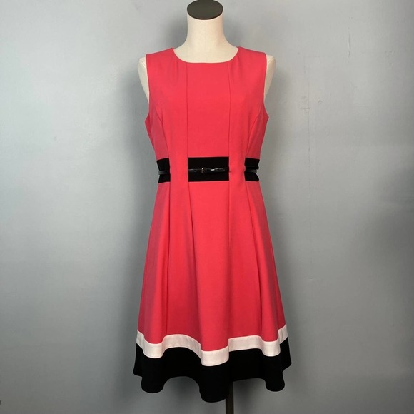 Calvin Klein Dresses & Skirts - 𝅺CALVIN Klein Colorblock Fit and Flare Belted Dress Size 8 Salmon White Black